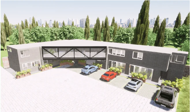 Render de complejo residencial con puente acristalado